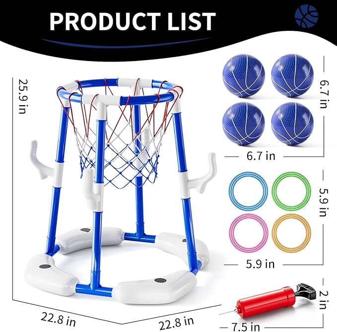Pool Basketball Hoop Toys for Kids Ages 4-8 8-12 & Adult, Summer Outdoor Swimming Pool Games Water Play Toys Family Party for Kids, 2 in1 Pool Basketball Hoop & Ring Game with 4 Balls 12 Rings & Pump