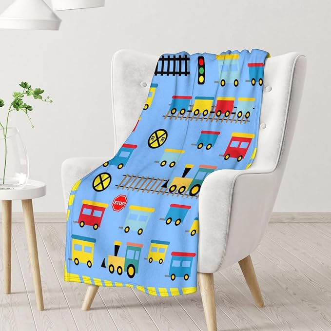 Train Gifts for Boys 4-6 - Warm Cozy Train Blanket - 40"x50" Inches Crib Throw Blanket - Light Blue Cartoon Throws for Kids