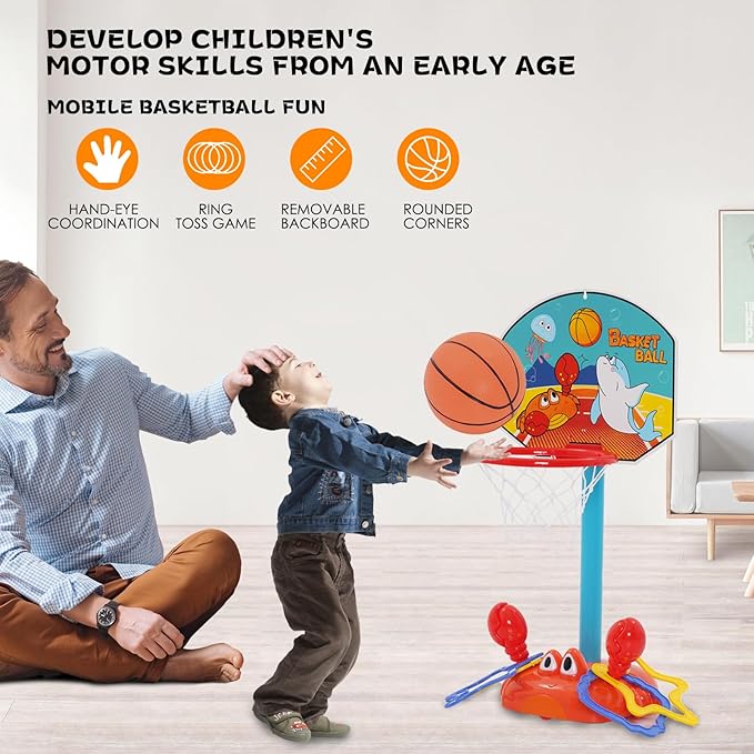 Toddler Basketball Hoop Indoor, 2 in 1 Sports Toy Set for Kids Basketball Hoop for Toddlers Indoor with Ring Toss Game