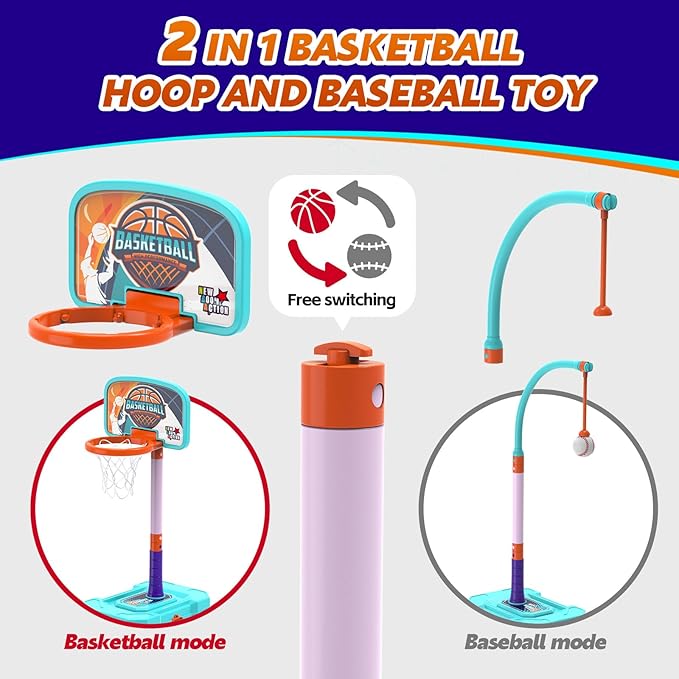 Kids Basketball Hoop and T-Ball Set for Kids 3-5, 4 Adjustable Toddler Basketball Hoop Indoor Outdoor Kids Toys Birthday Gift for Boys Girls