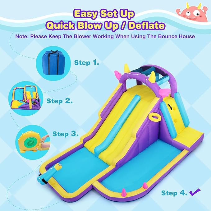 JOYLDIAS Inflatable Water Slide,Water Park Bounce House,Slide Bouncer Castle Playhouse w/Splash Pool, Climbing Wall, Ring Toss Game for Kids Outdoor Fun, 480W Air Blower