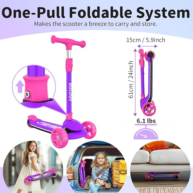 BELEEV A9 Kids Scooter with LED Light-Up Wheels & Deck, 3 Wheel Folding Scooter for Toddlers Girls Boys Ages 3-12, Adjustable Handlebar, Lean to Steer, Extra-Wide Wheels, Kick Scooter for Children