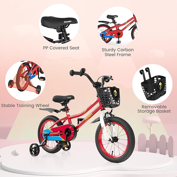 BABY JOY Kids Bike, 12 14 16 18 Inch Children Bikes for Boys Girls Age 3-8 Years w/Training Wheels, Handbrake, Coaster Brake & Removable Basket, Kids Bicycle of Multiple Colors
