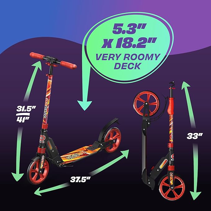 Skidee Adult & Teen Scooter Adjustable Height, Folding, Large Wheels, Lightweight, Durable, Anti-Shock Suspension, Up to 220 lbs