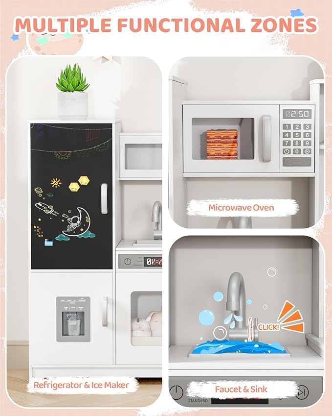 MAMIZO Wooden Corner Play Kitchen, Large Ultimate Interactive Toddler Pretend Kids Kitchen Playset with Blackboard, Stove & Range Hood w/Light & Sound, Ice Maker, Washing Machine, 6 Toy Set (White)