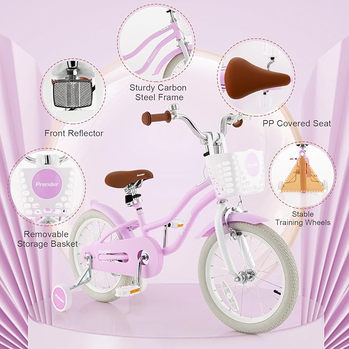 BABY JOY Kids Bike, 12 14 16 18 20 Inch Boys Girls Bike w/Adjustable Seat, Removable Basket, Handbrake & Coaster Brake, Training Wheels or Kickstand, Kids Bicycle with Multi-Color