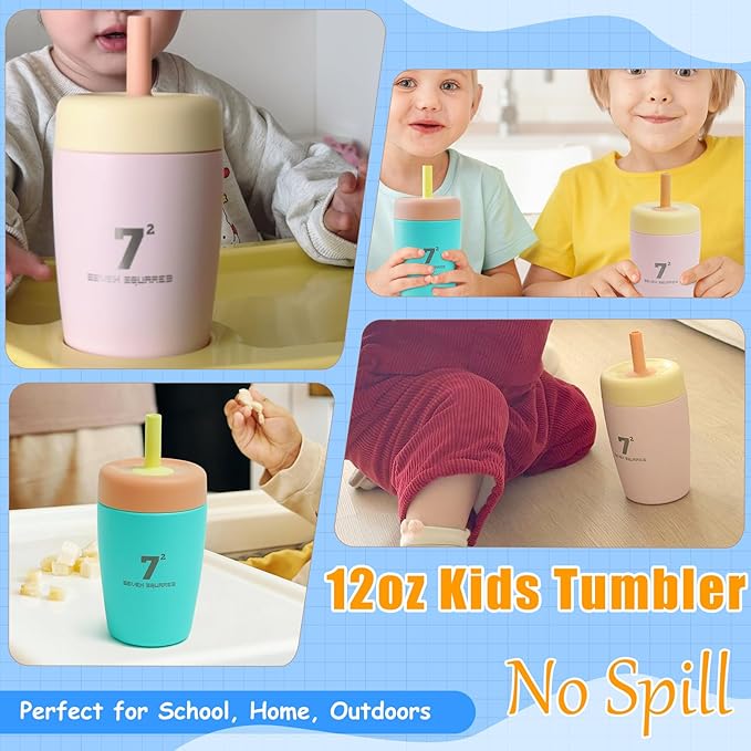 12oz Kids Tumbler Spill Resistant with Lid and Silicone Straw, Insulated Kids Sippy Cups Children Stainless Steel Water Bottle for Cold Drinks, Dishwasher Safe