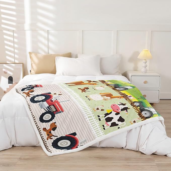 Kids Cartoon Farm Animals Sherpa Blanket Toddler Cute Tractors Fleece Throw Blanket Child Farmhouse Country Plush Blanket Colorful Room Decor Nature Fuzzy Blanket for Sofa Bed Couch, 40x50 Inch