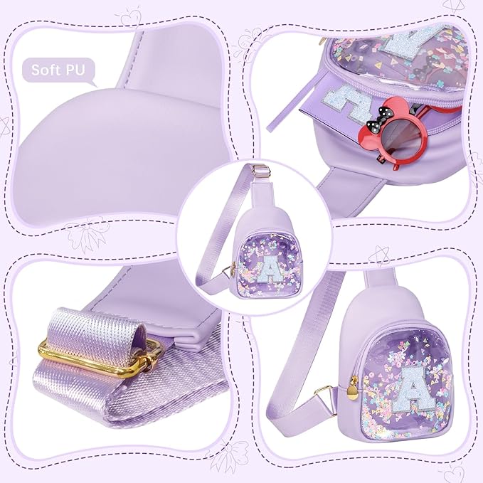 COSHAYSOO Cool Trendy Toddler Girl Gifts Age 2-3 4-5 4-6 5-7 Little Girls Toddler Purse Kids Sling Bag Crossbody, Purple Small Mini Clear Chest Pouch Stuff Organizer with Glitter Initial Letter K