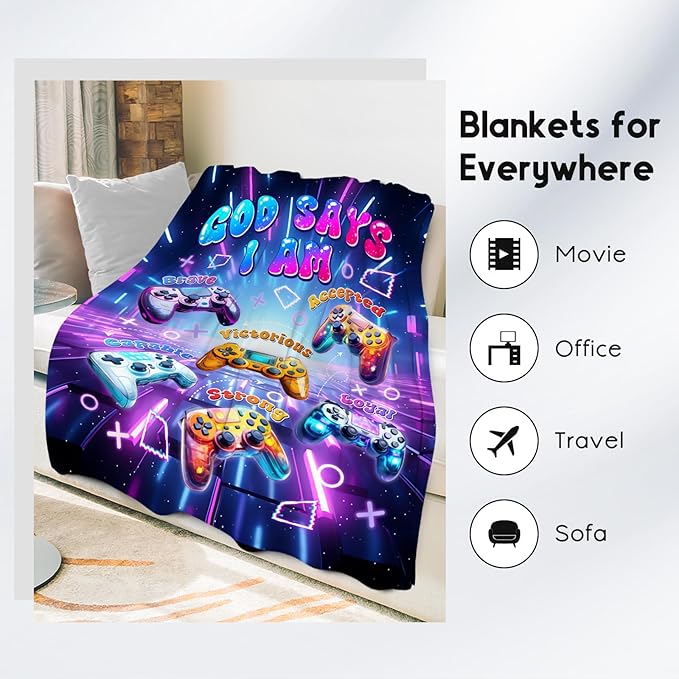 Gaming Blanket for Boys, Games Throw Blanket for Teenage Boys Men, Soft Plush Kids Blankets for Couch Office, God Says I Am Blanket for Kids, Gamer Supplies Kids Gamer Room Decor Gifts, 40"x50"