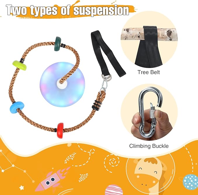 REDCAMP LED Climbing Rope Swings for Trees, Heavy Duty Plastic Disc Swing Seat for Kids and Adults with Hanging Strap and Snap Hooks, Multicolor