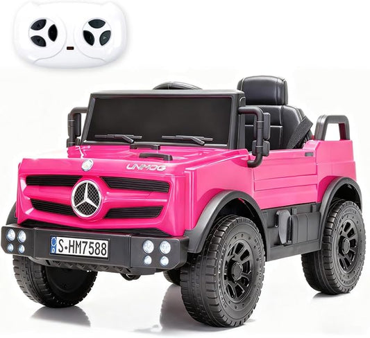 12V Ride on Car for Kids, Licensed Mercedes-Benz Unimog w/Parent Remote Control, LED Headlights, Music Player & Horn for 3-7 Years Toddler, Pink
