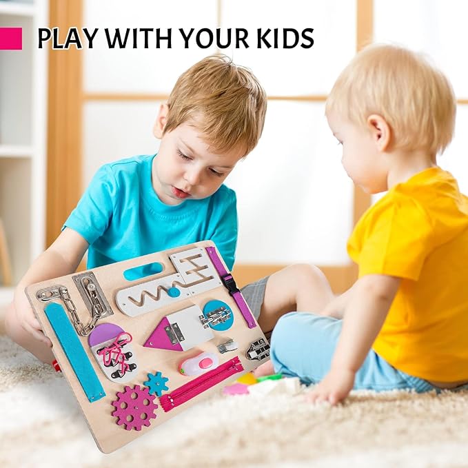 Montessori Busy Board for Toddlers, Wooden Sensory Toys, Kids 1-3 Travel Toy, Preschool Learning Activities for Fine Motor Skills, Basic Life Skills Educational Gifts for 1 2 3 Years Old Girls (Pink)