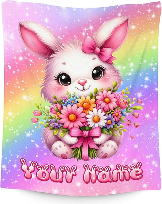 Personalized Blanket for Kids, Bunny Blanket for Girls, Custom Gifts for Toddler Daughter, Rainbow Throws Decor, 4 Size