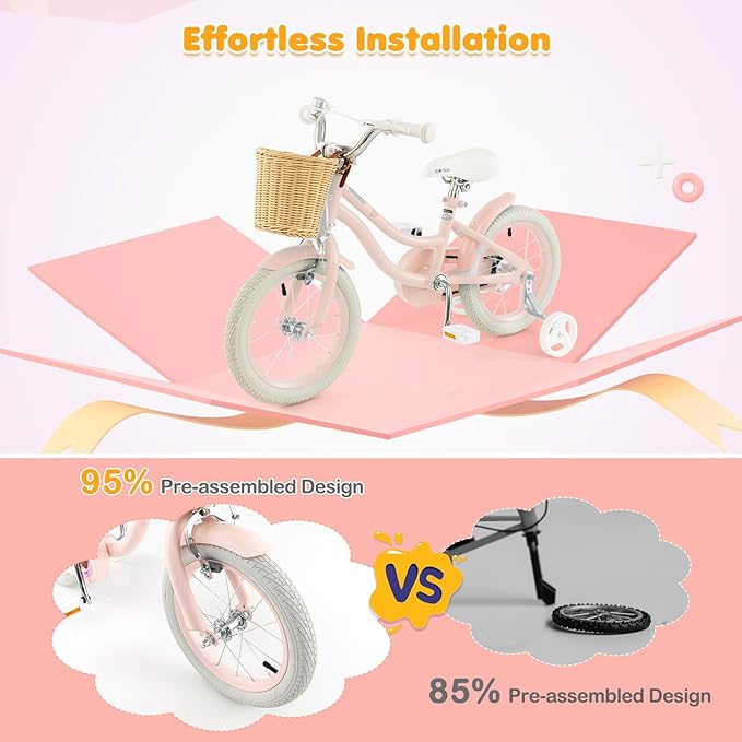 BABY JOY Kids Bike, 14 16 18 Inch Retro Kids Bicycles for 3-8 Years Old Children with Training Wheels, Adjustable Height, Rattan Basket, Handbrake & Coaster Brake, Boys Girls Bike (Pink, Green, Blue)