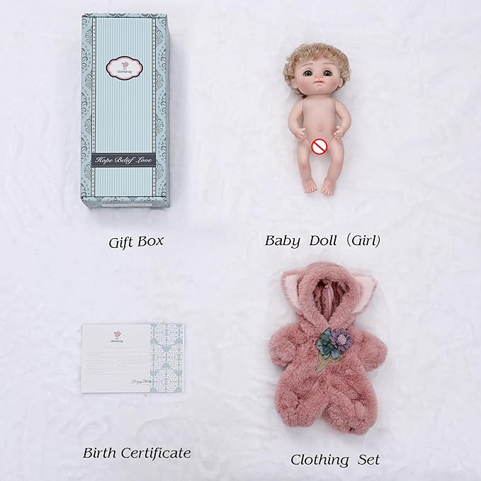 Reborn Baby Doll 10 Inch – Realistic Vinyl Girl with Green Eyes in Pink Fox Outfit – Collectible Comfort Gift for Girls