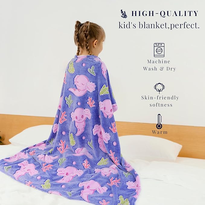 Axolotl Blanket for Girls - Axolotl Gifts Toys for 2 3 4 5 6 7 8 9 10 Year Old Girls Boys - Glow in The Dark Salamander Blanket Christmas Birthday Presents for Toddlers Teens Couch Bed 50"x 60"