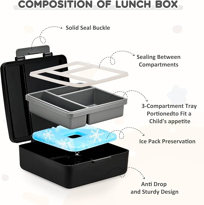 Lunch Box Set with Bento Box Container, 17OZ Stainless Steel Food Soup Thermo, Kids Water Bottle & Portable Insulated Lunch Bag – Leakproof, Hot/Cold Retention for School, Travel (Black)