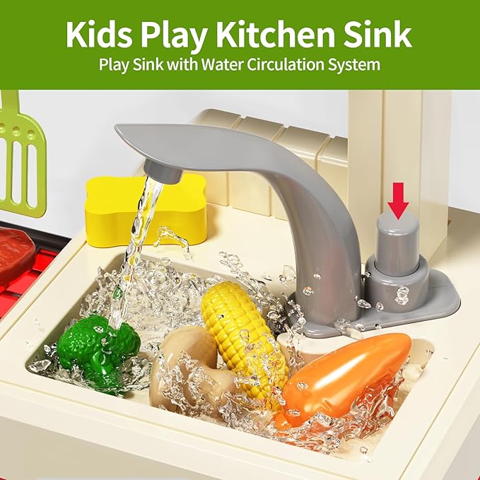 Kids Kitchen Playset, Play Kitchen with Electric Stove, Grill, Sink, Play Food, ToyKitchen Accessories, Kitchen Interactive Play with Lights Sound Steam, Cooking Toys for Toddler Kid Gifts