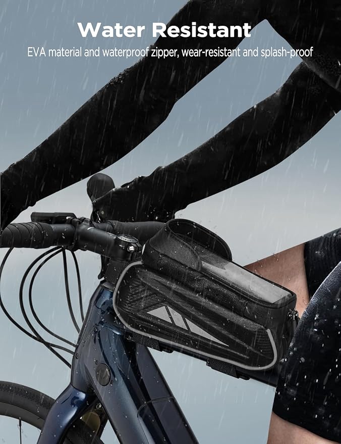 Bike Phone Holder Bag, EVA Waterproof Bicycle Front Frame Bag, Bike Accessories Cycling Pouch with Sensitive TPU Touch-Screen, Bicycle Phone Mount with Rain Cover for Phone under 7" (Sliver, 7 inch)