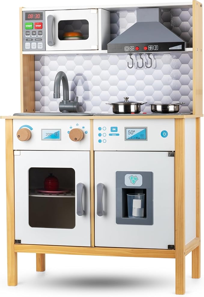 Play Kitchen for Kids Toddlers, Toy Kitchen Playset with Real Lights & Sounds, Wooden Play Kitchen with Cooking Set, Ice Maker, Microwave, Oven for Girls Boys Ages 3+