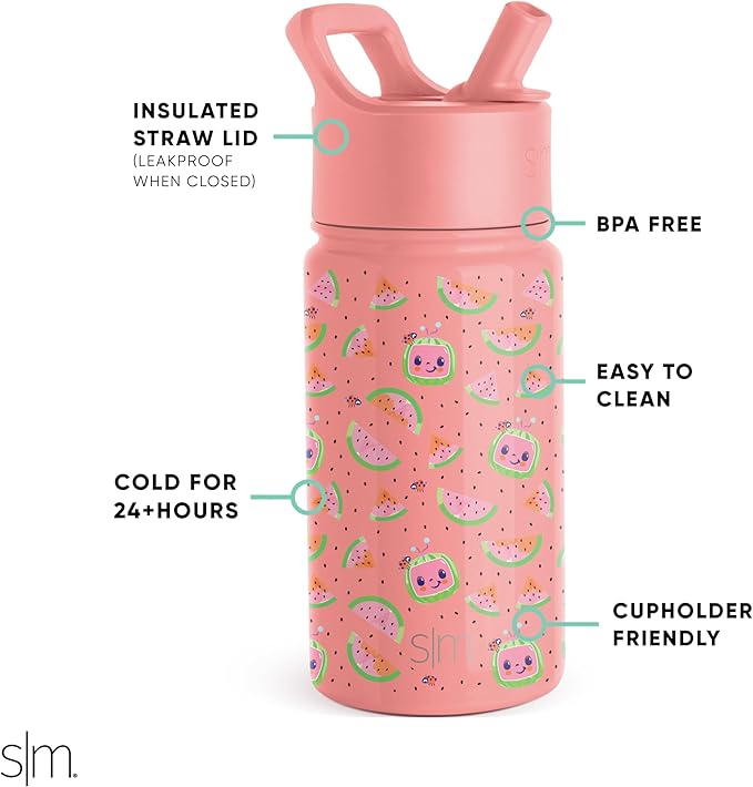 Simple Modern Kids Summit Water Bottle with Straw Lid | CoComelon 14oz Stainless Steel Cup Insulated Tumbler for Toddlers, School | CoComelon Pink Melon