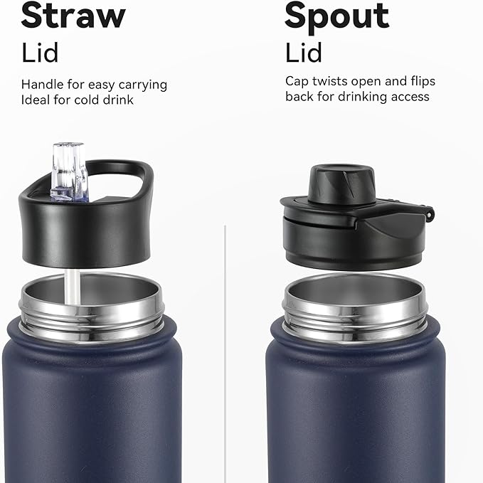 16 oz Insulated Water Bottle with Straw Lids, Stainless Steel Kids Water Bottles for School, Double Wall Vacuum Metal Water Bottle with Straw & Wide Mouth Lid, Navy 4 Pack