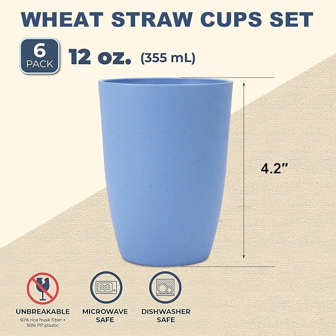 Wheat Straw Cups 6 PCS Good Alternative to Plastic Reusable Cups 12 oz Unbreakable Drinking Cup Reusable Dishwasher Safe Water Plastic Glasses Light Blue