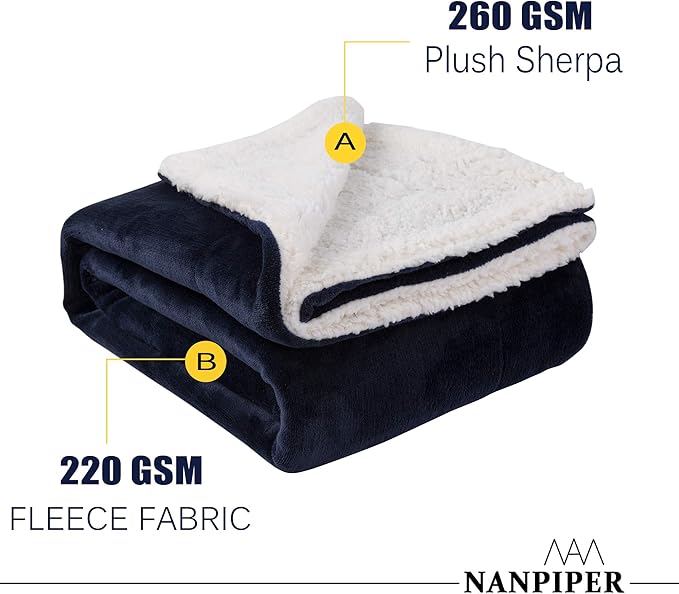 NANPIPER Sherpa Blanket Warm Blankets for Winter Super Soft Fuzzy Flannel Fleece/Wool Like Reversible Velvet Plush Couch Blanket Lightweight(Navy Blue Throw Size 50"x60")