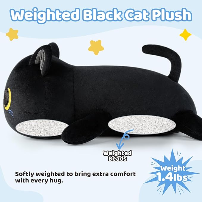 Puffpals Weighted Plush, Cute Black Cat Weighted Stuffed Animal with Beads, Soft Sensory Plush Pillow Toy for Kids & Adults(13.2in 1.4lbs)