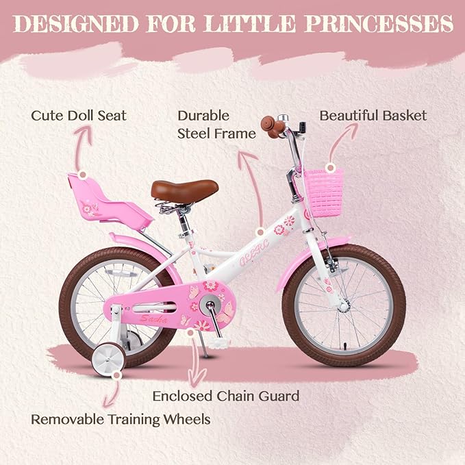 Glerc Sasha Girls Bike, 12-20 Inch Kids Bike for Children Ages 2-13 Years, Kids Bicycle with Doll-Seat & Basket & Training Wheels, Multiple Colors