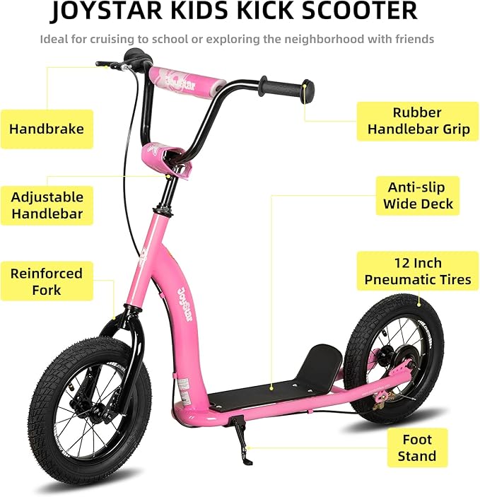 JOYSTAR Kick Scooter for Kids 5+ Teens & Youth, Lightweight Kids Scooter with Adjustable Handlebar, 2 Wheel Scooter for Boys & Girls, 12" Inflatable Wheels Rear Drum Brakes