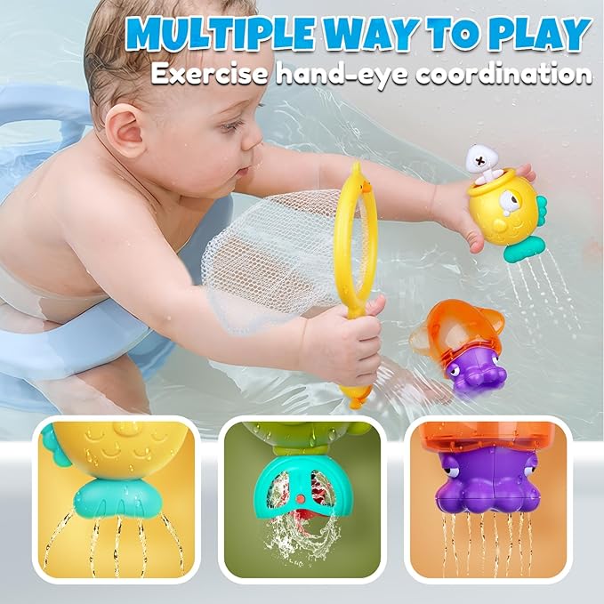 Baby Bath Toys for Kids Ages 1-3, Magnetic Fishing Games with Floating Bathtub Wind-Up Toys & Fishing Net, Fishing Rod Water Pool Toys for Toddlers 1-3