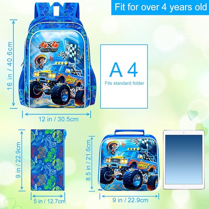 16" Monster Truck Backpack for Boy, 3Pcs Bookbag for Elementary Preschool Kindergarten, Kids School Backpacks with Lunch Box (Blue)