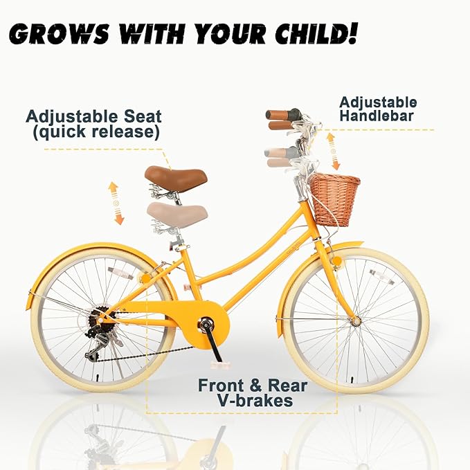 Glerc 20 24 26 Inch Beach Cruiser Bike, 6-Speed Hybrid City Bicycle for Girls Youth and Over 6 Years Old, Missy Bike with Wicker Basket & Lightweight, Multiple Colors