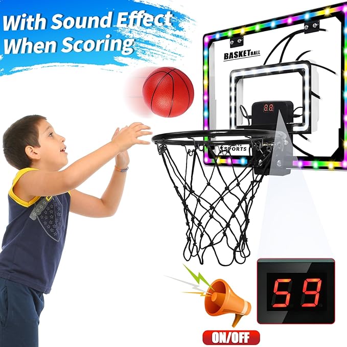 AOKESI Mini Basketball Hoop Indoor with Scorer and Batteries|Inside Basketball Hoop Over The Door with Colorful LED Lighting|Toy Basketball Gifts for Boys Girls Teens Adults, Black