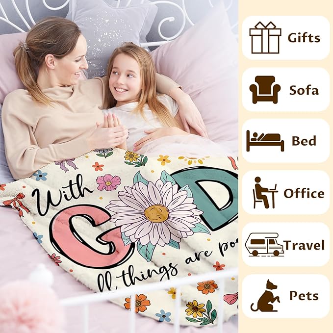 Girls Blanket Gifts Christian Blankets for Kids Teens Adults - 60" x 80" Cute Flower Soft Lightweight Flannel Throws for Couch, Sofa, Bed, Bedroom Decor - Christian Gift