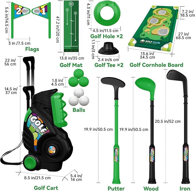 Liberry Toddler Golf Set for Age 2 3 4 5 Boys Girls, Upgraded Kids Golf Cart with Putting Mat & Cornhole Board, Outdoor Indoor Sports Toys for Birthday, Black