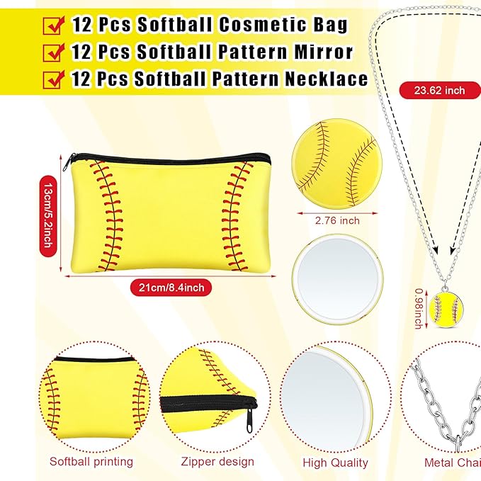 72 Pcs Christmas Softball Team Gifts Softball Party Favors Accessories for Teen Girls 12 Makeup Bags Lip Balm 12 Lipstick Holder Keychains Necklaces Mirrors Adjustable Bracelet for Sport Lover