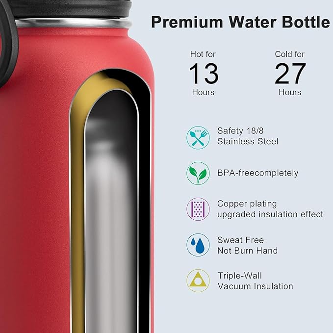 koodee Insulated Water Bottle, 32oz Stainless Steel Double Wall Vacuum Wide Mouth Sport Bottle with Leakproof Spout Lid (Canyon Red)