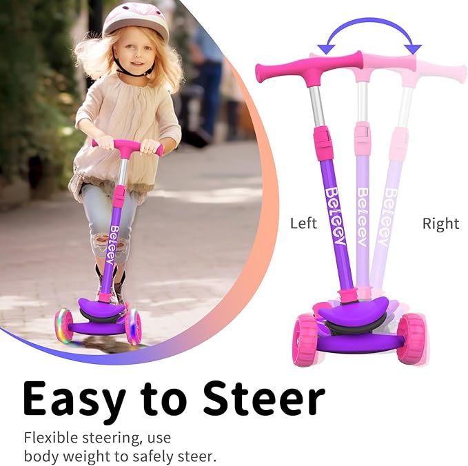 BELEEV A8 Scooter for Kids Ages 3-12, 3 Wheel Folding Scooter for Toddlers Girls Boys, LED Light-Up Wheels, 4 Adjustable Height, Lean to Steer, Extra Wide Wheels, Three Wheel Kick Scooter for Children