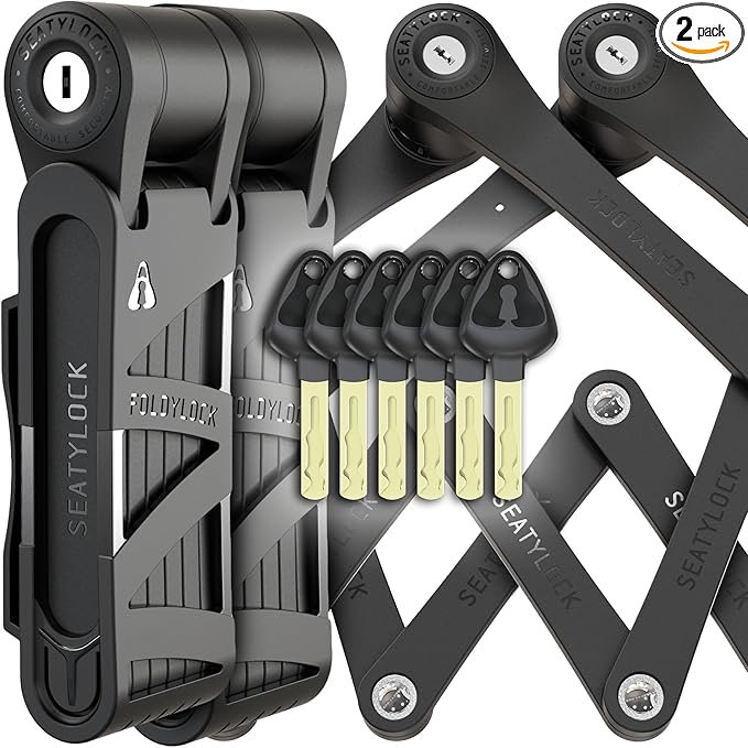 Seatylock FoldyLock Compact Folding Bike Locks - Set of 2 Matching Bike Locks with 6 Identical Keys - Patented Lightweight Heavy Duty Anti Theft with Carrying Cases for Bicycles and E-Bikes