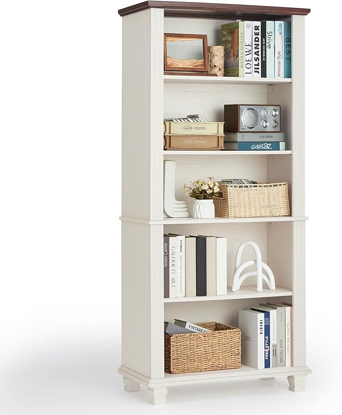 70" Tall White Bookshelf,5 Tier Wood Book Shelf with Adjustable Shelves & Wood Legs,Free Standing Farmhouse Bookcase with Open Display Storage,Vintage Kids Bookshelves for Nursery,Bedroom