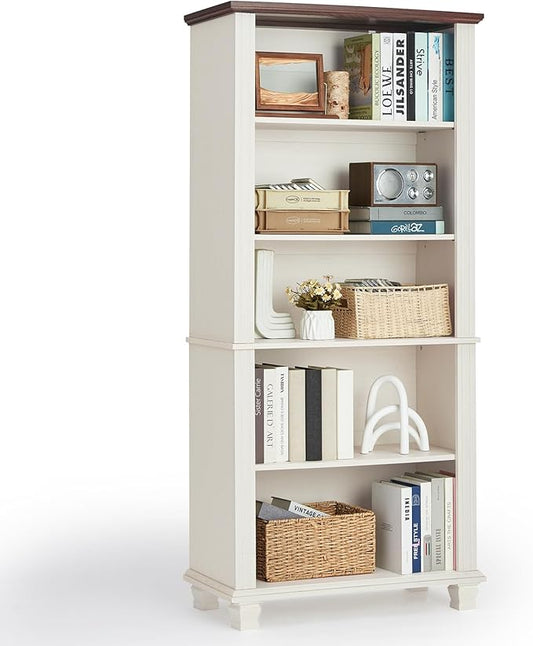 70" Tall White Bookshelf,5 Tier Wood Book Shelf with Adjustable Shelves & Wood Legs,Free Standing Farmhouse Bookcase with Open Display Storage,Vintage Kids Bookshelves for Nursery,Bedroom