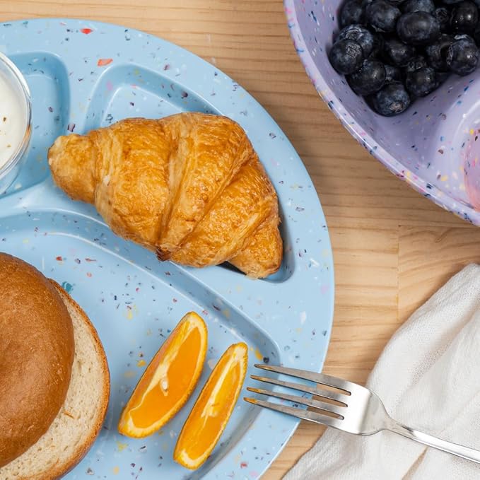 bzyoo 11-Inch Divided Plate Set of 2 - Confetti Blue 100% Melamine Portion Control Plate for Adults, Kids Unbreakable, Dishwasher Safe for Camping, BBQ