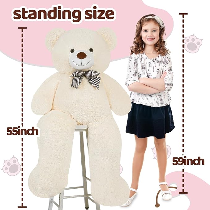 Giant White Teddy Bear 55" Stuffed Animals Plush Toy, Cute Life Size Big Soft Bear for Boy Girl Birthday Valentine Mother's Day, 140 CM, 7 LBs