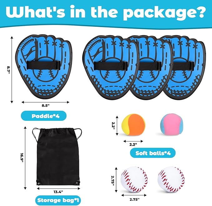 Toss and Catch Ball Sets, Toys Balls Catch Game with 4 Sticky Balls,Hook and Loop Toss Game Includes 4 Baseball Glove Paddles,Outdoor Yard Lawn Games for Ages 3+ Kids