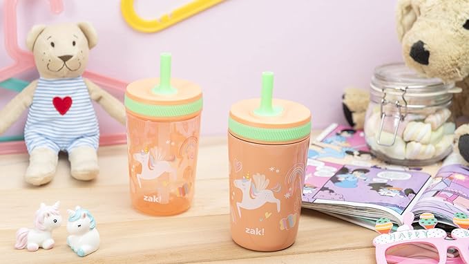 Zak Designs Unicorn Kelso Tumbler Set,Leak-Proof Screw-On Lid with Straw, Bundle for Kids Includes Plastic and Stainless Steel Cups with Bonus Sipper, 3pc Set, Non-BPA