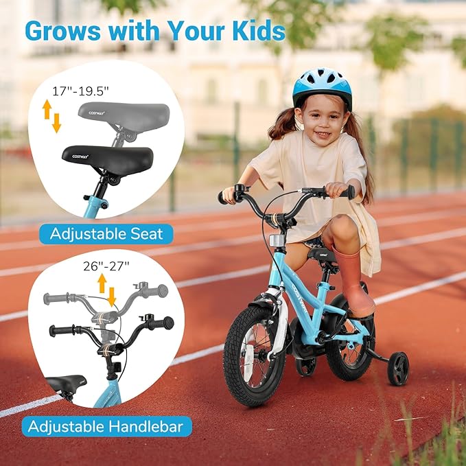 COSTWAY 12/14/16/18 Inch Kids Bike, Children Toddler Bicycle with Training Wheels, Adjustable Seat & Handlebar, Handbrake & Coaster Brake, Reflectors, Bell, Suitable for 3-8 Years Old Boys Girls