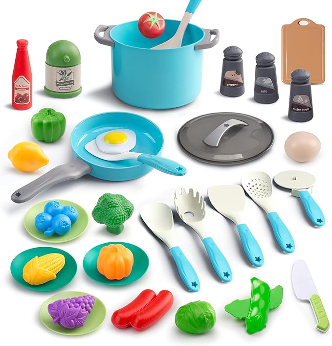 35Pcs Kids Kitchen Toy Accessories, Toddler Pretend Cooking Playset with Play Pots, Pans, Utensils, Cookware, Play Food Set, Toy Vegetables, Learning Gift for Girls & Boys (Turquoise)
